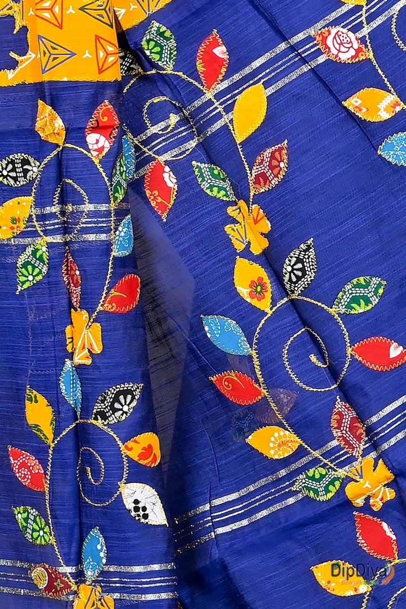 Blue Cotton Blended Parik Applique Saree (332)